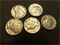 5pc US Silver Mercury Dimes
