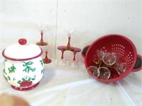 Dolomite cookie jar, strainer, & red stem glasses