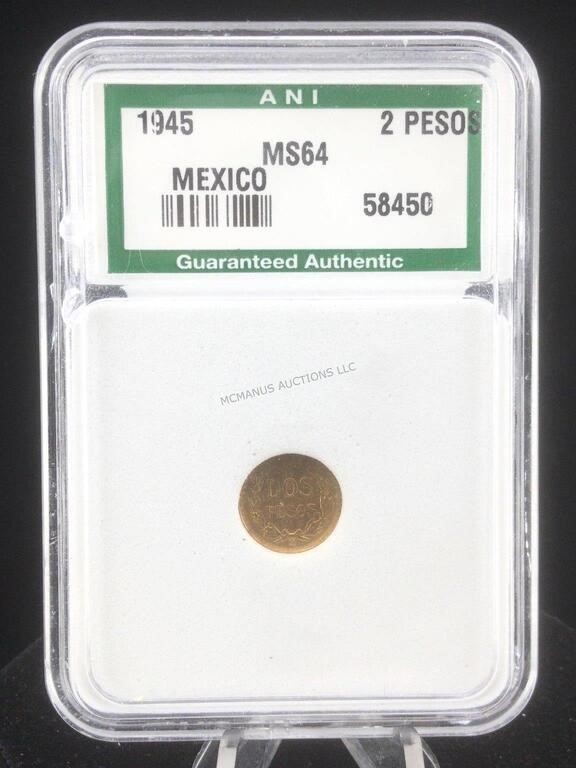 1945 Gold Dos Pesos MS64 coin Cased and Graded