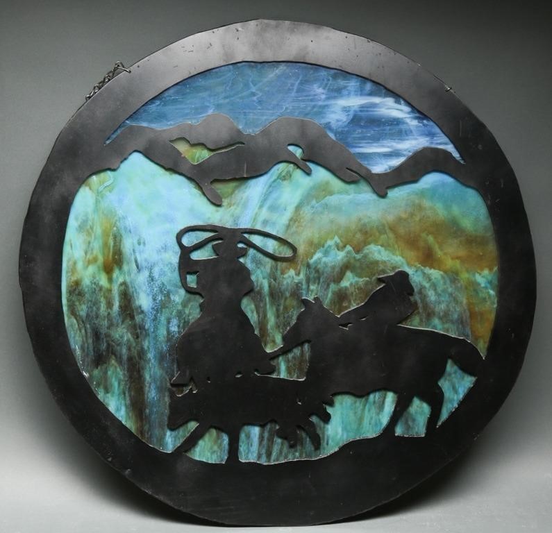 Roping Cowboy Laser Metal Art- Slag Glass Backed