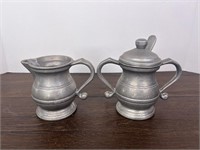 Pewter Creamer and Sugar with Lid and Spoon Set