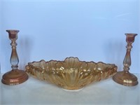 Vintage Marigold Carnival Glass Bowl & Candlestick