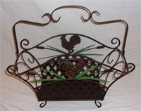 Wrought iron magazine basket w/ roosters.