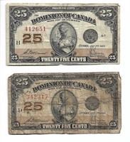 1923 Canadian .25 cent bills.