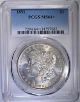 1891 MORGAN DOLLAR, PCGS MS-64+ WHITE