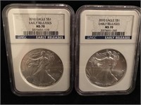 (2) 2010 Early Release Silver Eagles MS 70