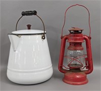 Vintage Porcelain Pitcher And Kerosene Lantern