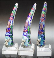 Three Chinese silver & enamel fingernail guards