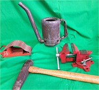 ANTIQUE OIL CAN RED VISE TOBACCO & AXE WOOD HANDLE