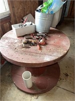 Galvanized bucket, tools, wooden spool table, etc.