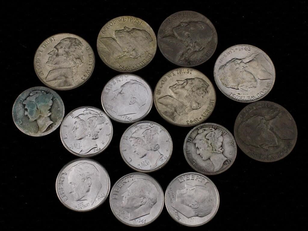 Silver US Coins - Dimes & War Nickels