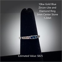 10kt Blue Zircon-Like & Diamond Ring, 3mm Center