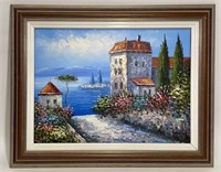 Framed Seaside Town Oil on Canvas Painting