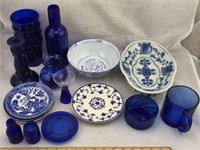 Cobalt Glass; Blue & White Pottery Dishes