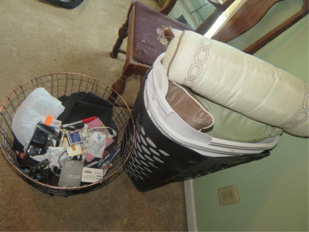 LAUNDRY BASKET WITH THROW PILLOW AND CONTENTS
