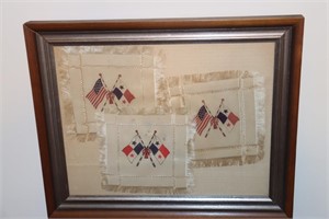 Framed flag squares with note on back 'From