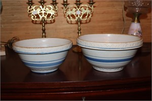 2 Stoneware mixing bowls with blue stripes