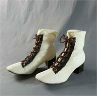 Antique White Canvas Brown Leather Ladies Boots