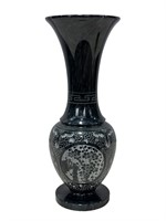 Black Onyx Marble Vase w/ Etched Floral Design