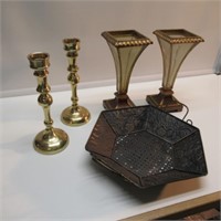 PAIR OF 11" BRASS CANDLEHOLDERS AND (3)