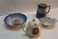 TEAPOT AND ASSORTED PORCELAIN BOWLS, STONEWARE