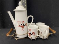 Cute! Rooster Coffee Pot & Cups Set w/ Carrier