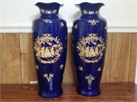 24" Blue & Gold Pair of Tall Oriental Style Vases