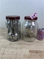 Two Huge Mason Jars with Silverware