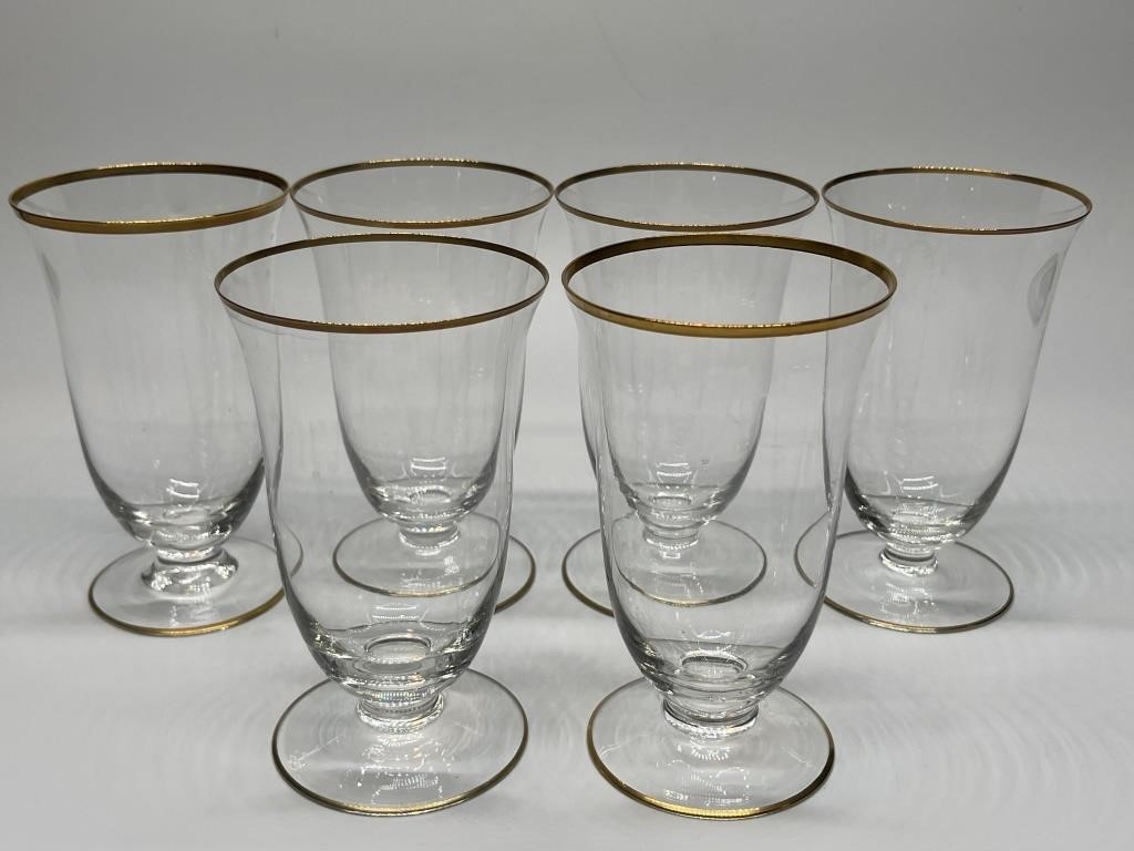 (6) Vintage Gold-Rim Fine Crystal Footed Iced Tea