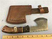 Damascus blade hatchet with wood and brass handles