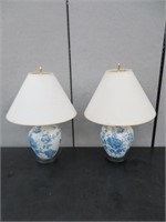 PR WHITE & BLUE PORCELAIN TABLE LAMPS WITH SHADES