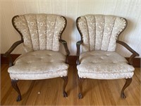 2 Vintage wood & upholstered armed sitting chairs