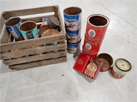 WOoden Crate with Misc Tobacco Cans