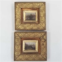 2 miniature antique oil paintings in matching