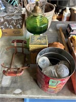 Oil lamp, glass insulators, box (empty), and more