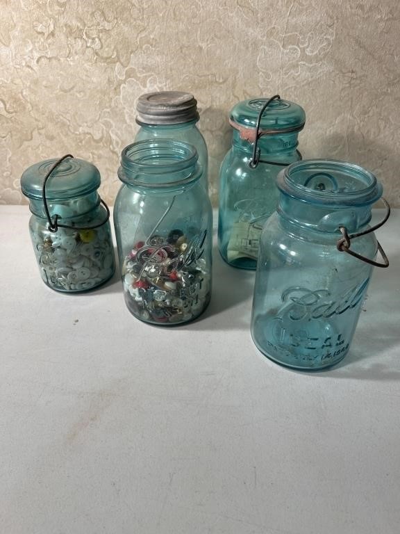 Ball Jars, Wire Top, Zinc Lid, Buttons