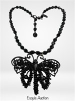 Miriam Haskell Black Beaded Butterfly Necklace