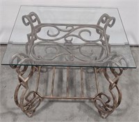(Q) Decorative Metal End Table w/ Glass Top. 24"