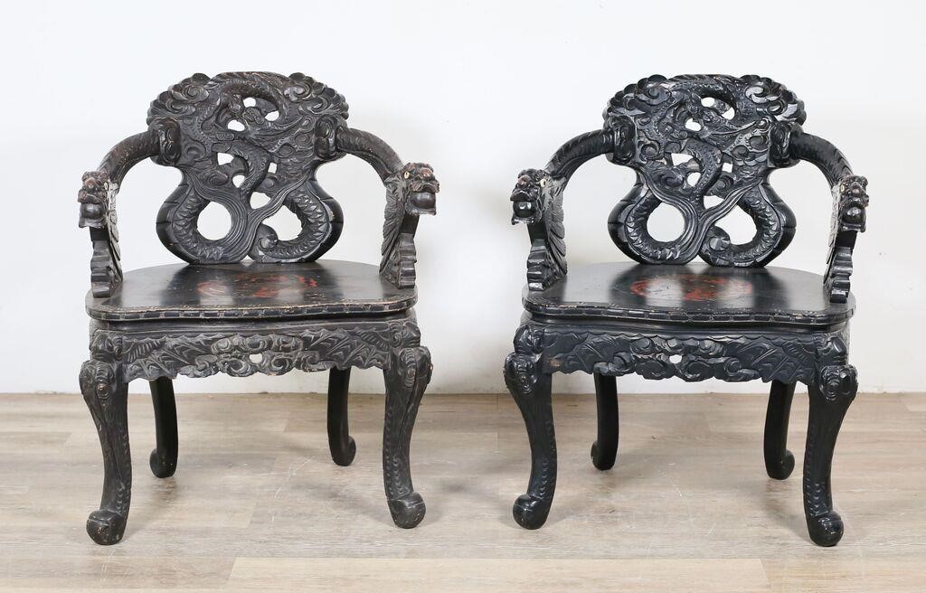 Pair of Japanese Meiji Style Dragon Armchairs