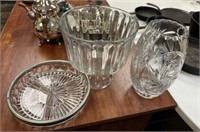 Etched Vase, Pressed Glass Footed Compote and Bowl