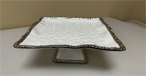 White Silver Rimmed Ceramic Cake Stand