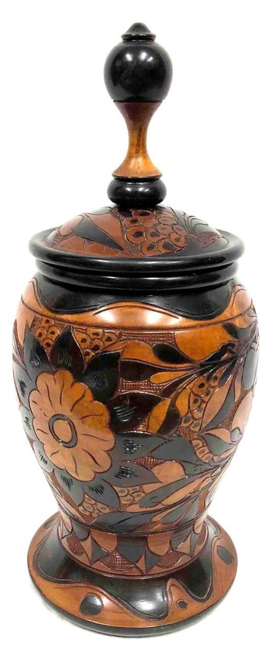 Vintage Hand Turned Carved Solid Wood Vase With Fl
