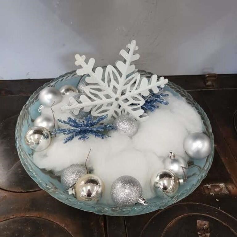 Vintage light cover used as winter décor dish