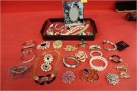 Costume Jewelry lot; broaches, pins, bracelets,