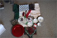 Large Lot of Christmas Table Linens Runners Dishes