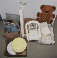 Box of linens including curtains, towels, etc.,