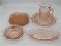 LOT OF 8 PIECES PINK DEPRESSION GLASS CABBAGE ROSE