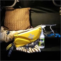 Yellow and gray dog life jacket, Chrome luggage