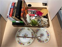 Box lot- books, wood caster wheels, tiered tray