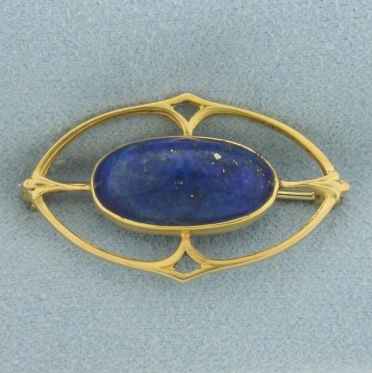 Vintage Lapis Lazuli Pin Brooch in 10k Yellow Gold